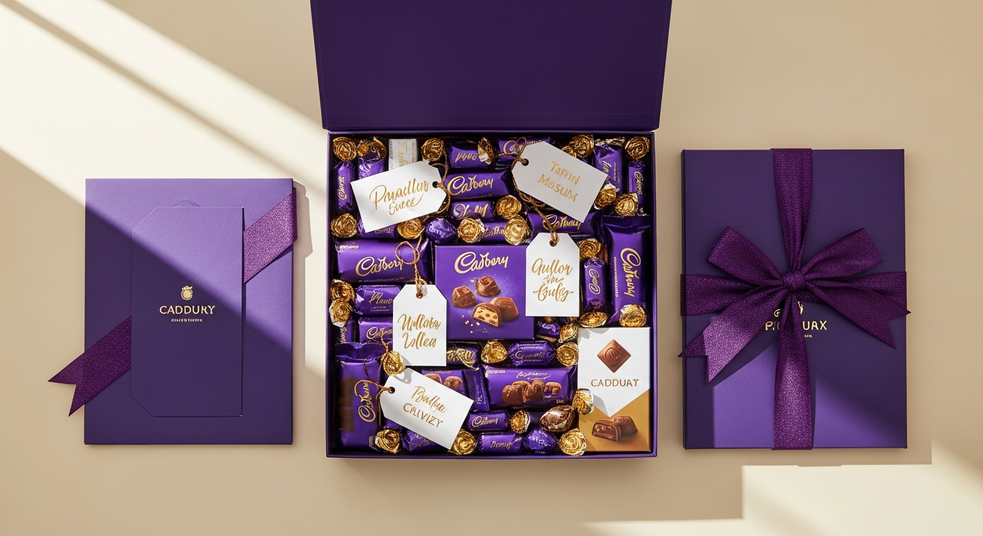 Personalised Cadbury chocolate gift hamper with custom message and purple branding