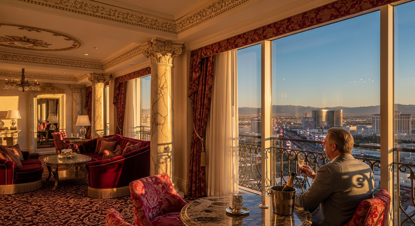 Luxurious Caesars Palace Las Vegas resort tower exterior with Roman architecture and fountains