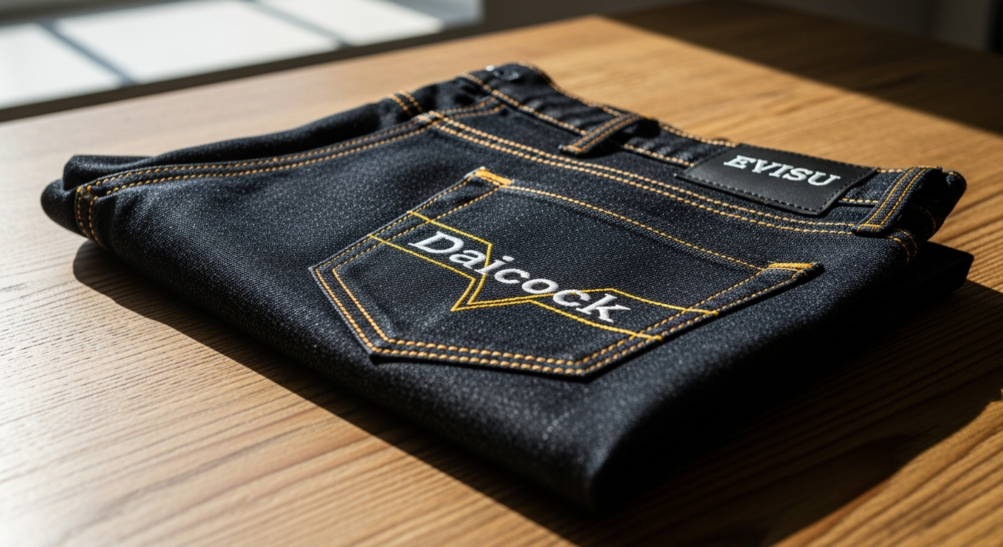 Evisu Daicock Shadow premium light indigo jeans with embroidered details displayed on white background