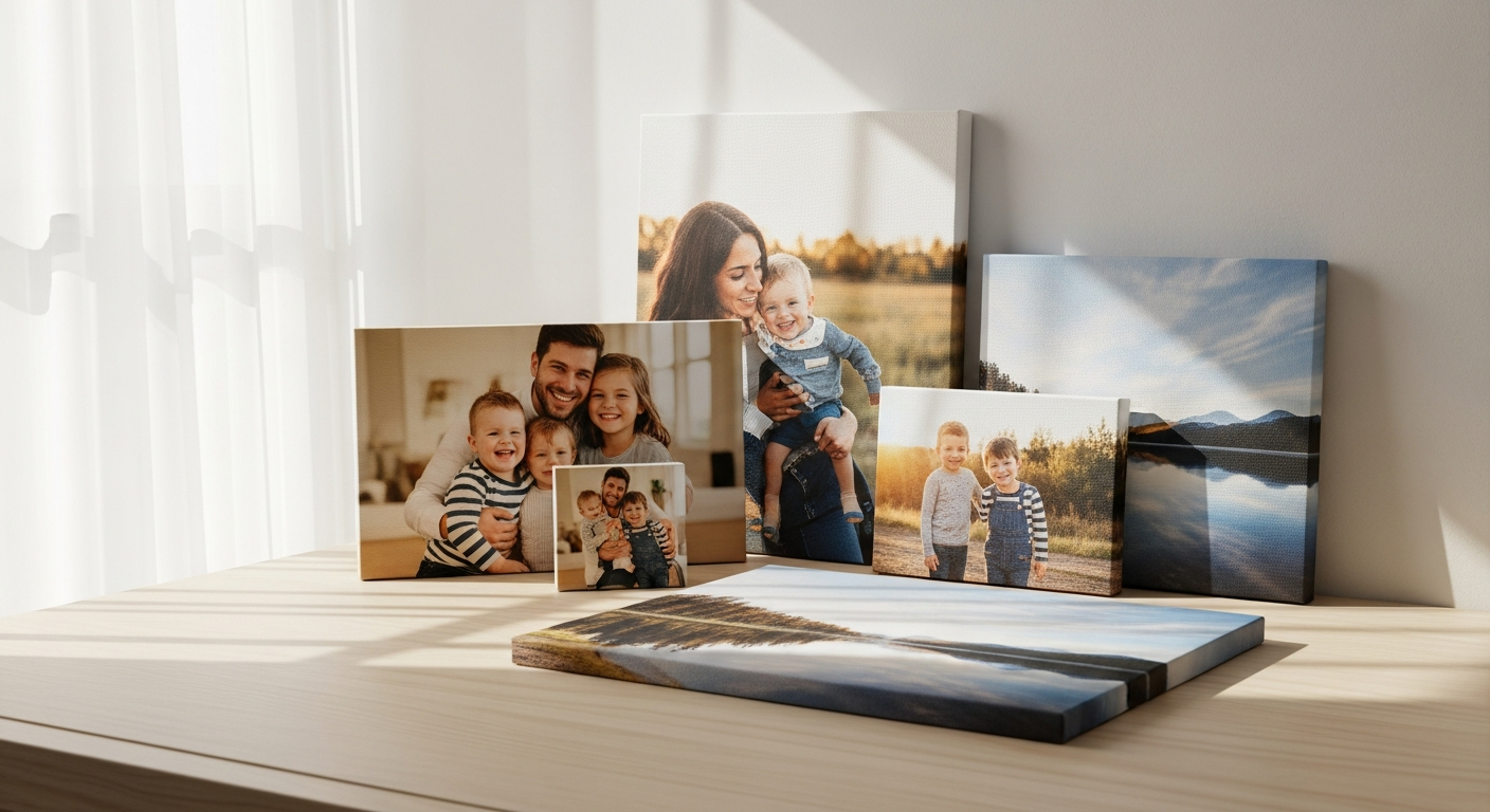 Custom photo canvas print displayed on living room wall above furniture
