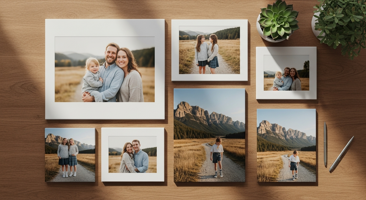 Custom photo canvas prints displayed on living room walls showing family memories