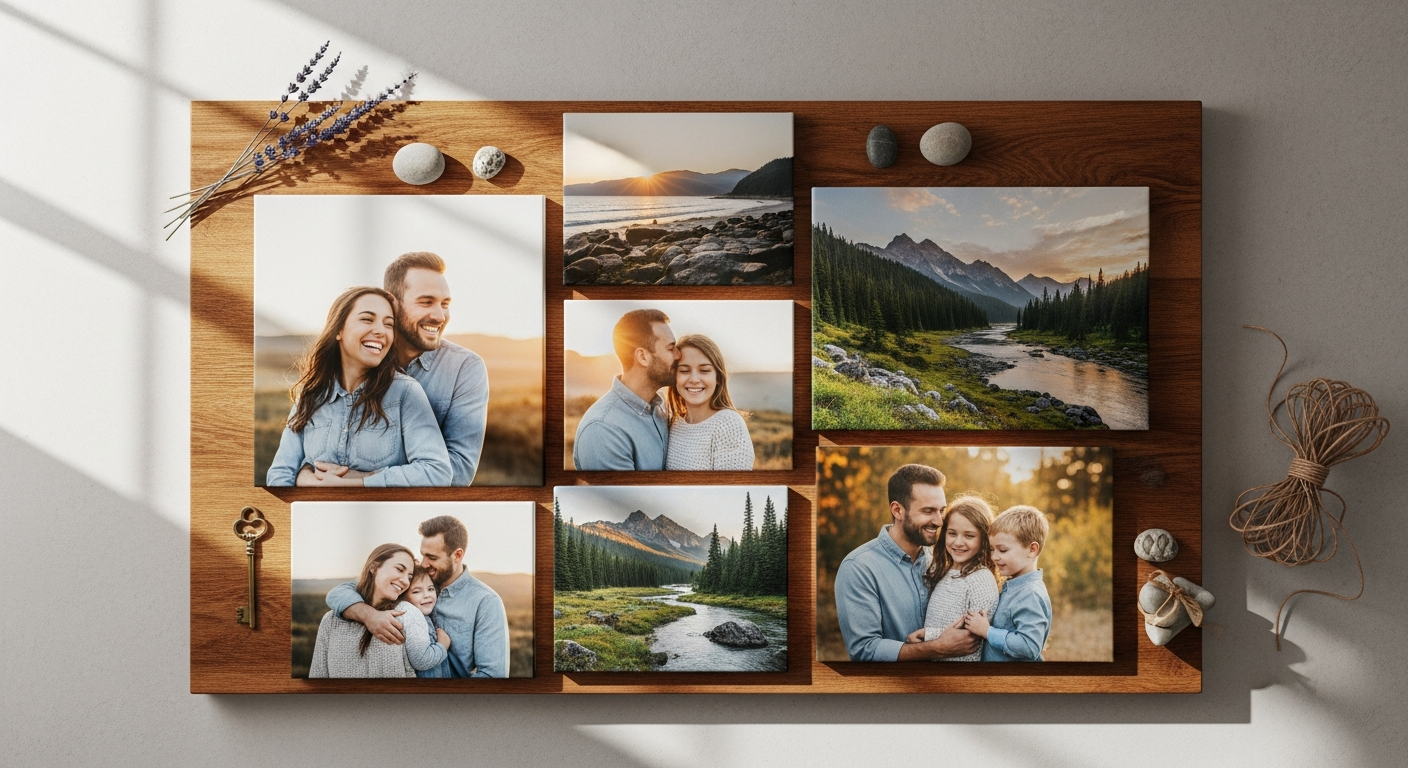 Custom photo canvas print displayed on living room wall showing family memories