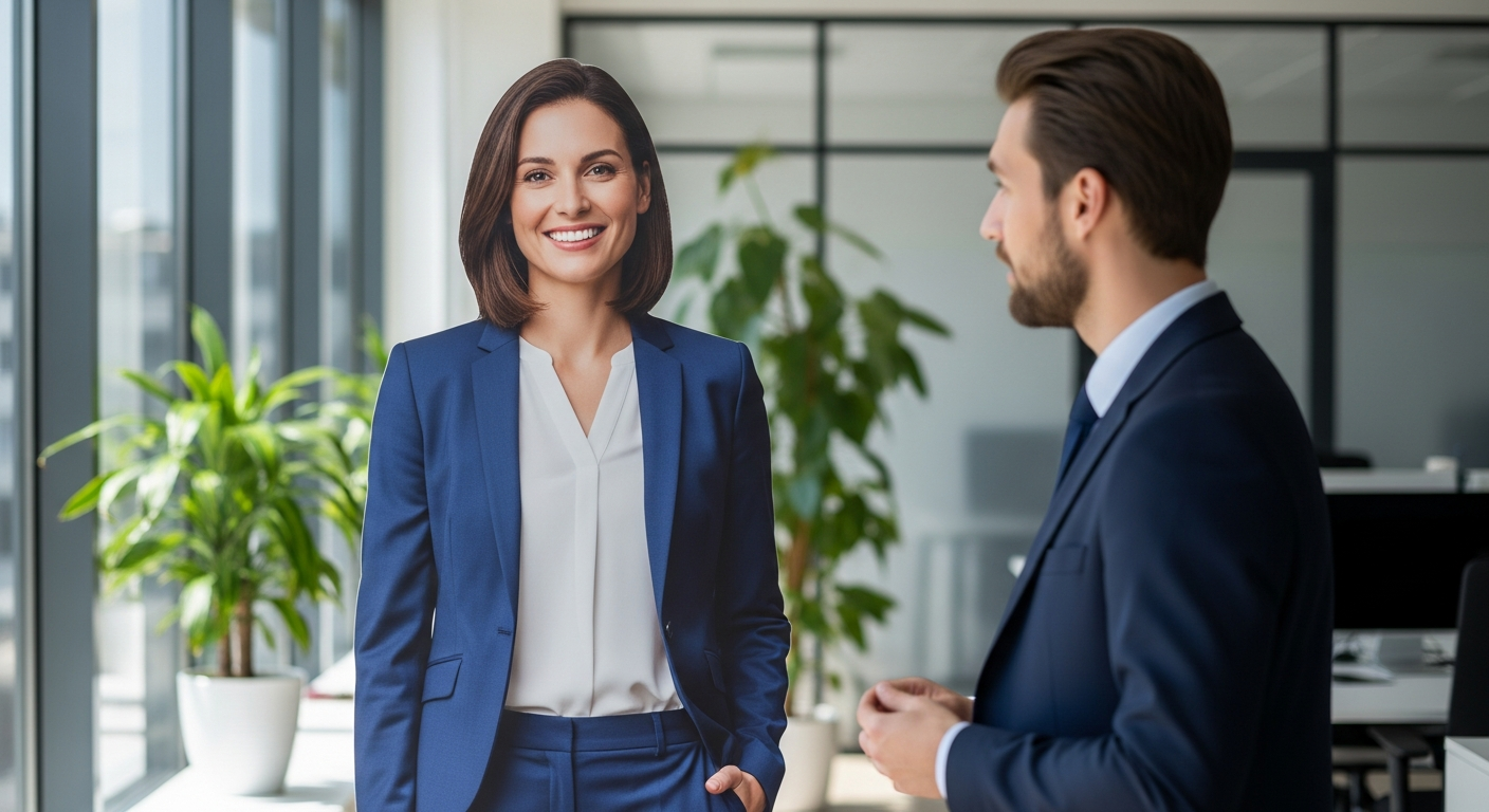 Custom life-size photo cardboard cutout of corporate executive at professional event