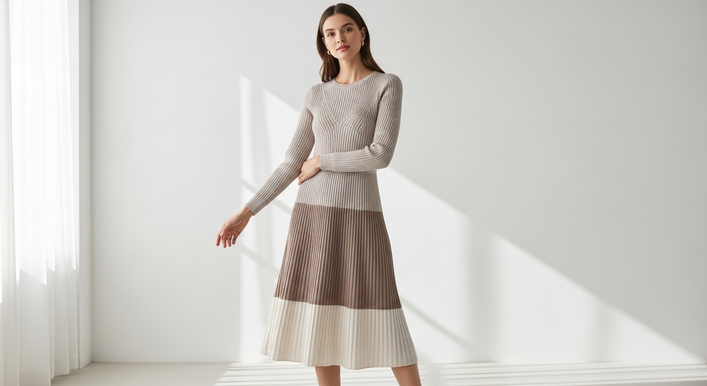 Casasola Ribbed Pleated Knit Midi Dress in neutral tone showcasing Italian craftsmanship