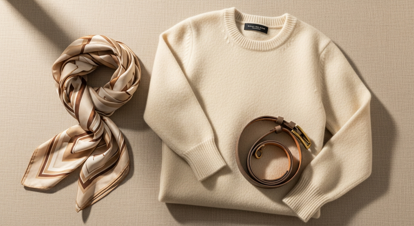 Maria Cashmere Sweater styled in neutral tones with luxury accessories