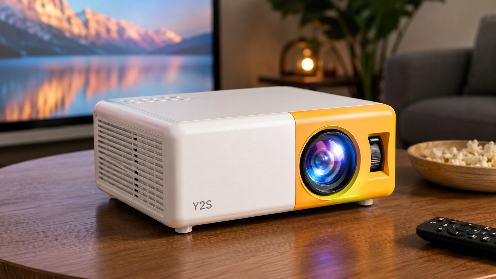 Y2S Mini Projector on a wooden table in a cozy home theater setup with HD movie projection, remote control, and popcorn, ideal for portable home entertainment.