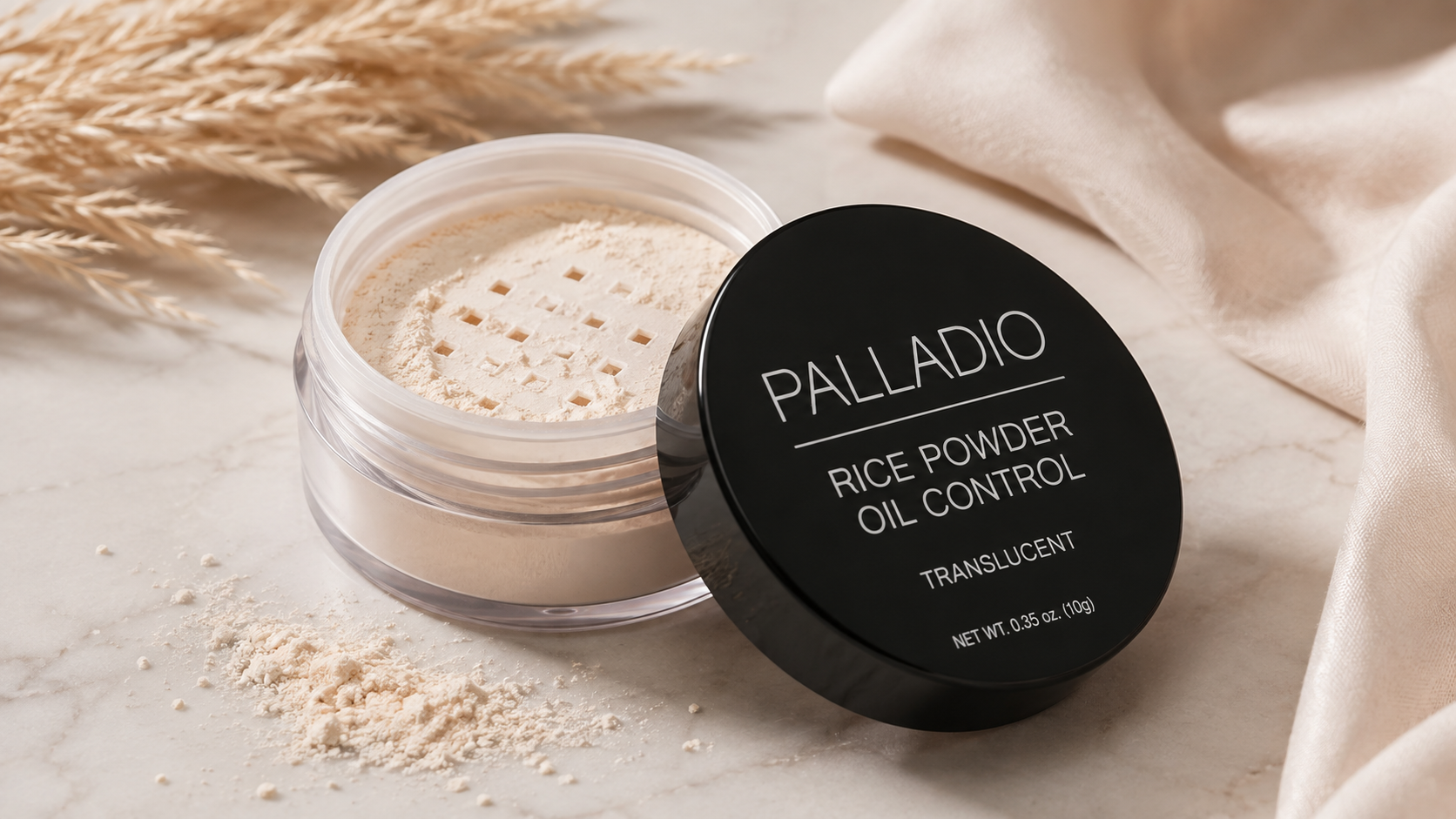 Palladio Rice Powder Oil Control Translucent loose setting powder in an open jar with black lid, designed to control shine and provide a long-lasting matte finish for oily skin.