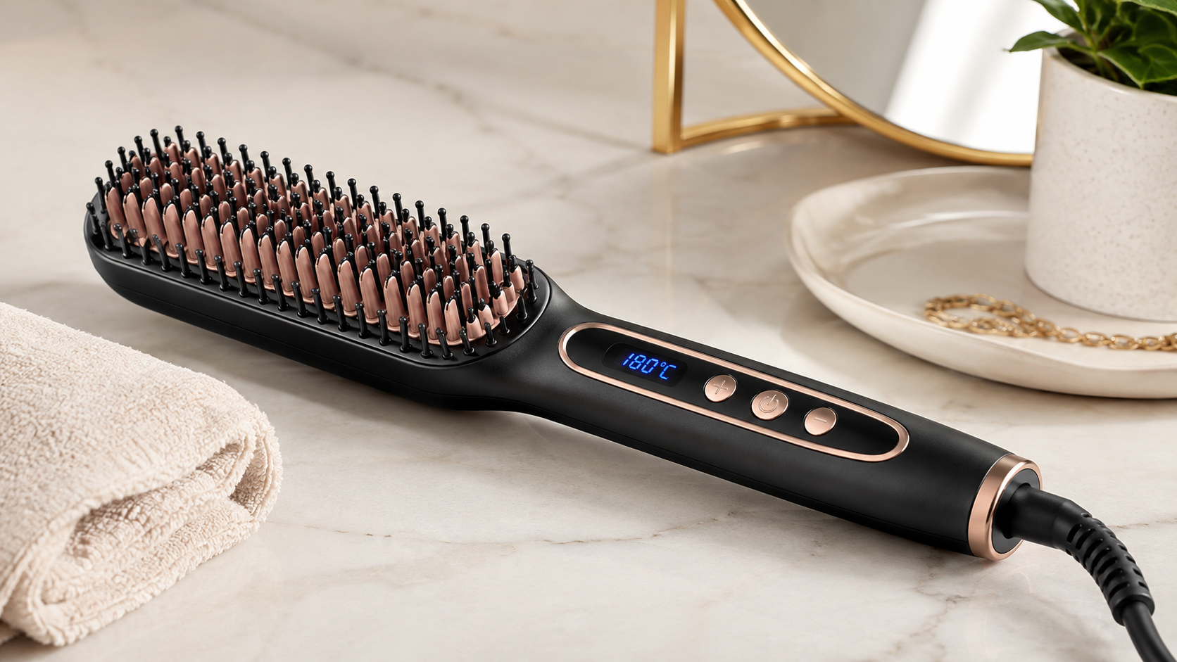 Ceramic tourmaline hair straightening brush with digital temperature display on a marble vanity, ideal for fast, frizz-free hair styling at home.