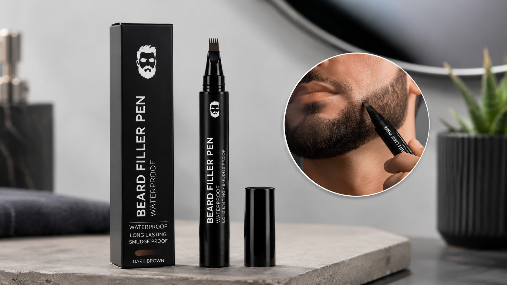 Men's waterproof beard filler pen with precision fork tip for filling patchy beards and creating a fuller, natural-looking beard, shown with product packaging and application demonstration.
