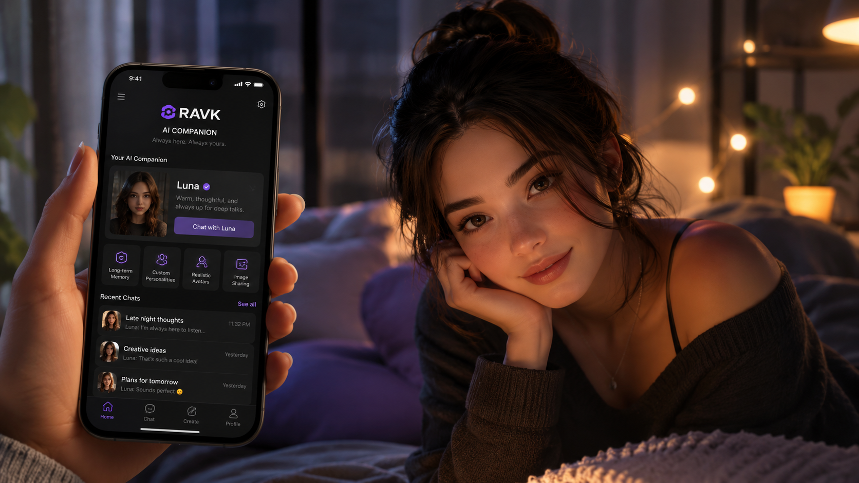 RAVK AI Companion app displayed on a smartphone with a female AI companion in a cozy bedroom setting, showcasing AI chat, long-term memory, custom personalities, and virtual companion features.