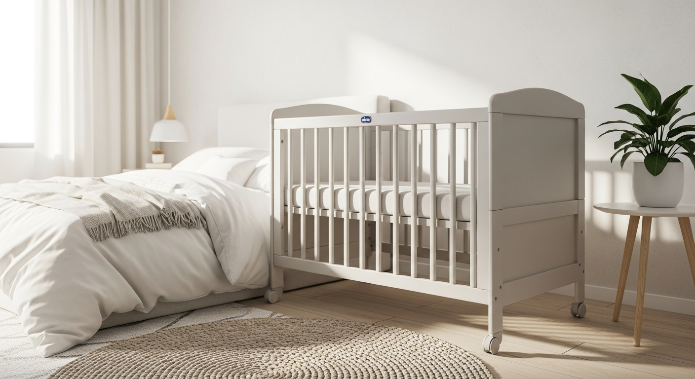 Chicco Next2Me Co-Sleeping Crib positioned beside a bed for safe nighttime infant care