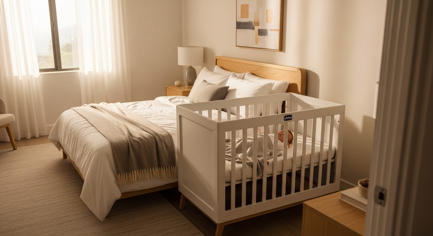 Chicco Next2Me Co-Sleeping Crib attached to bed with mesh panels and adjustable height