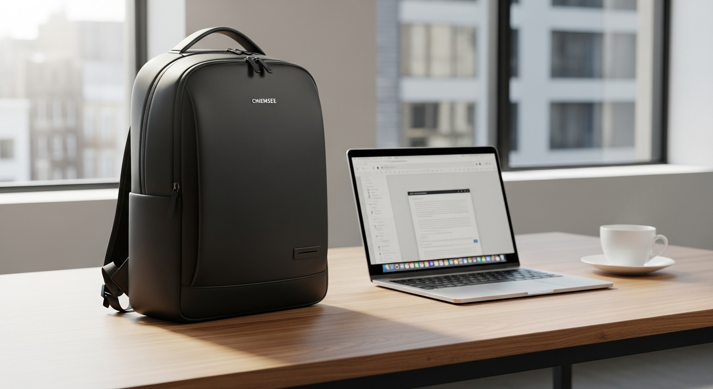 Chiemsee Versatile Daypack Backpack displayed with laptop and commuting essentials