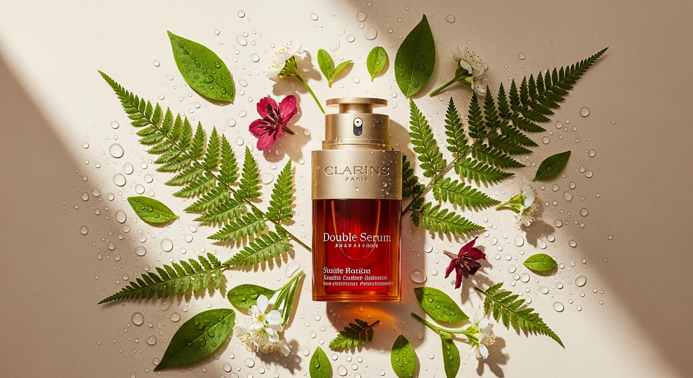 Clarins Double Serum Complete Age Control Concentrate bottle with dual-phase formula displayed