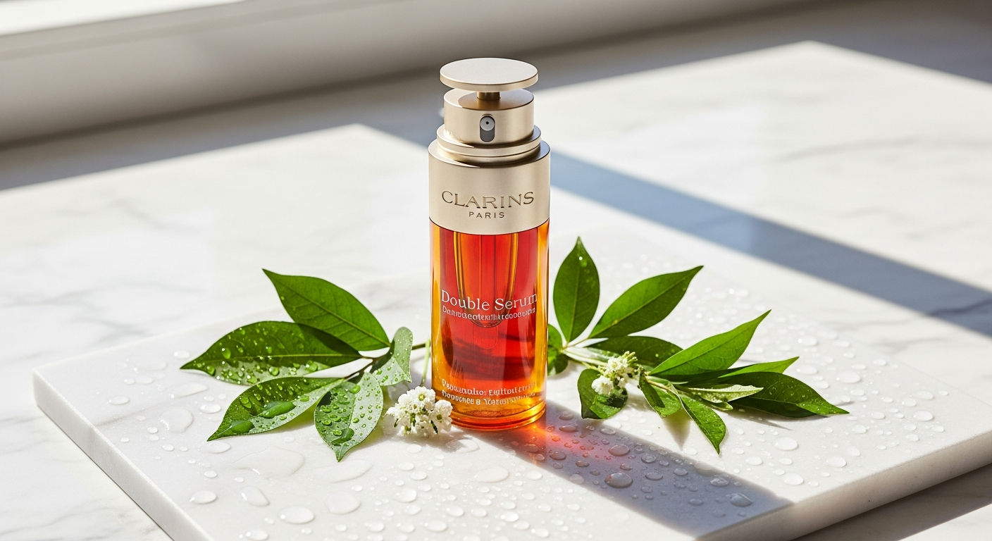 Clarins Double Serum Anti-Aging Concentrate bottle with two-phase formula displayed