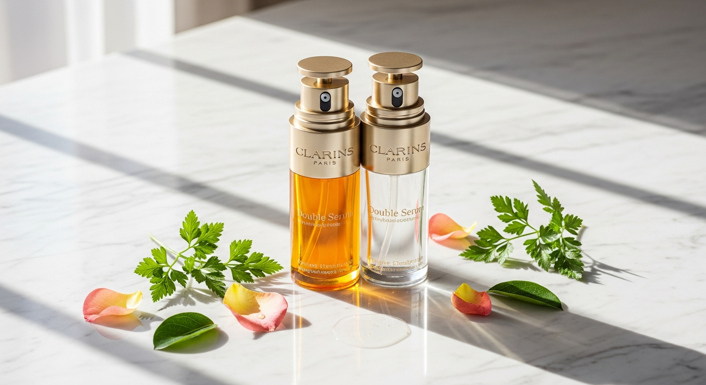 Clarins Double Serum Anti-Aging Concentrate dual-chamber bottle with plant extracts