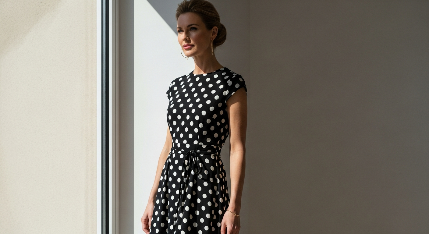 Claudie Pierlot polka dot midi dress in navy and white on model