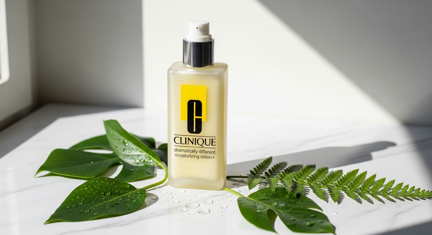 Clinique Dramatically Different Moisturizing Lotion+ pump bottle on white background with skincare ingredients