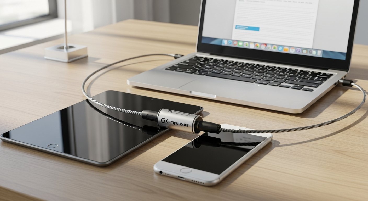 Compulocks Universal Combination Cable Lock securing multiple devices with galvanized steel cable