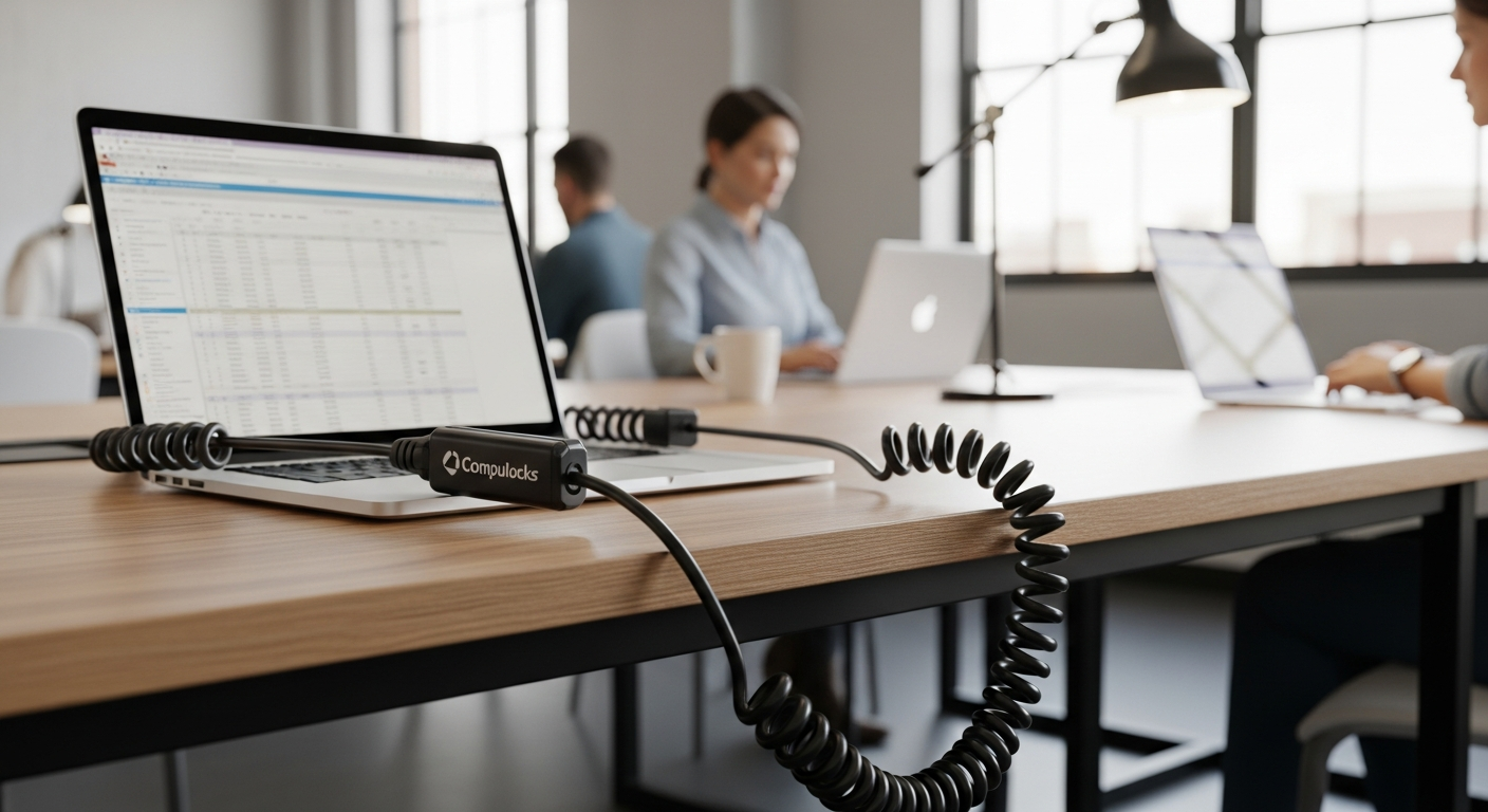Compulocks Universal Combination Cable Lock securing laptop to desk in office workspace