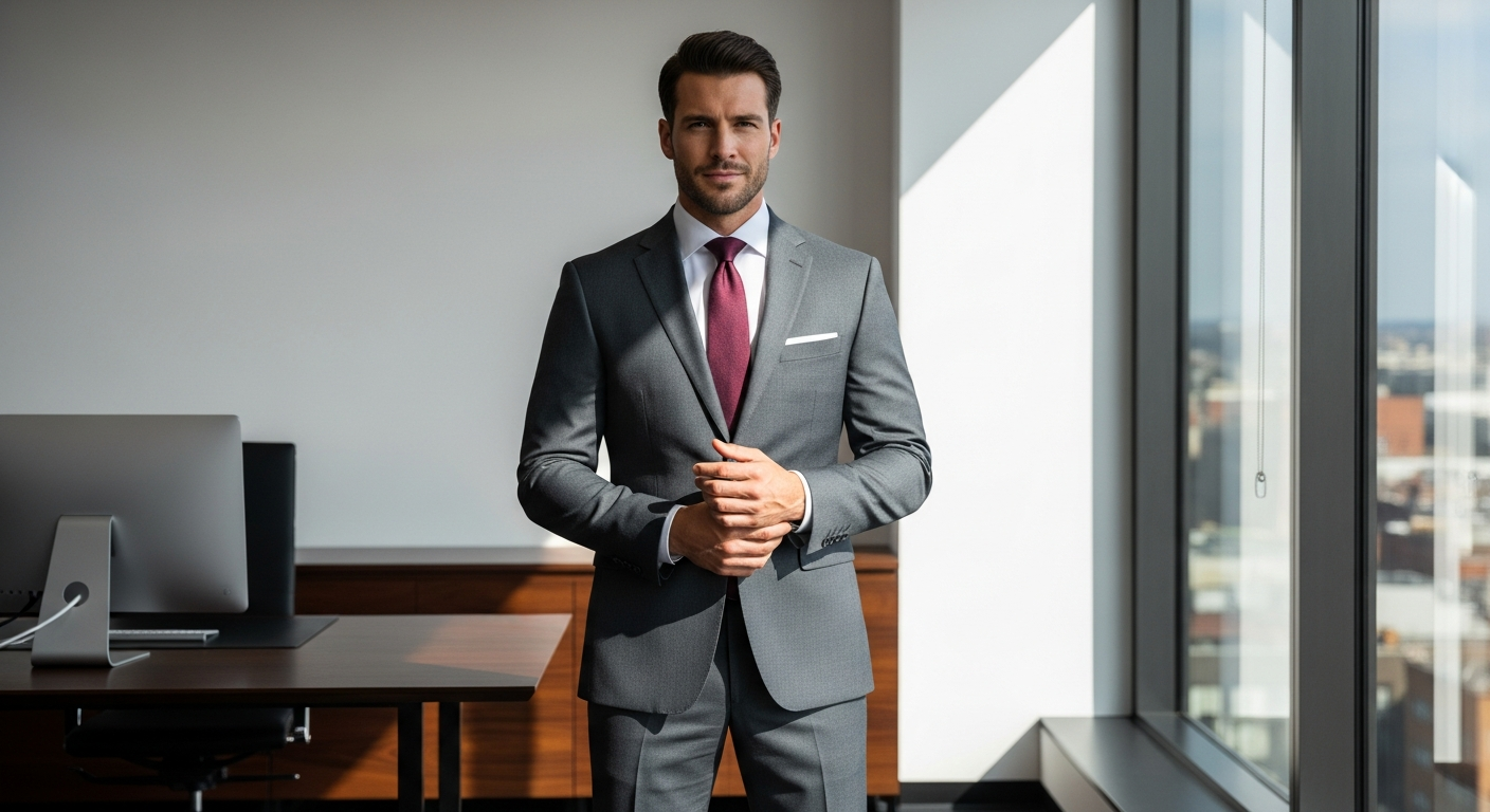Professional man in polyester rayon blend suit at office meeting