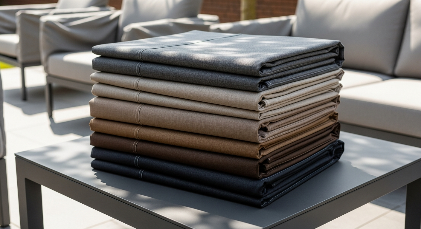 Custom outdoor furniture covers protecting patio sectional and fire pit from rain and sun damage