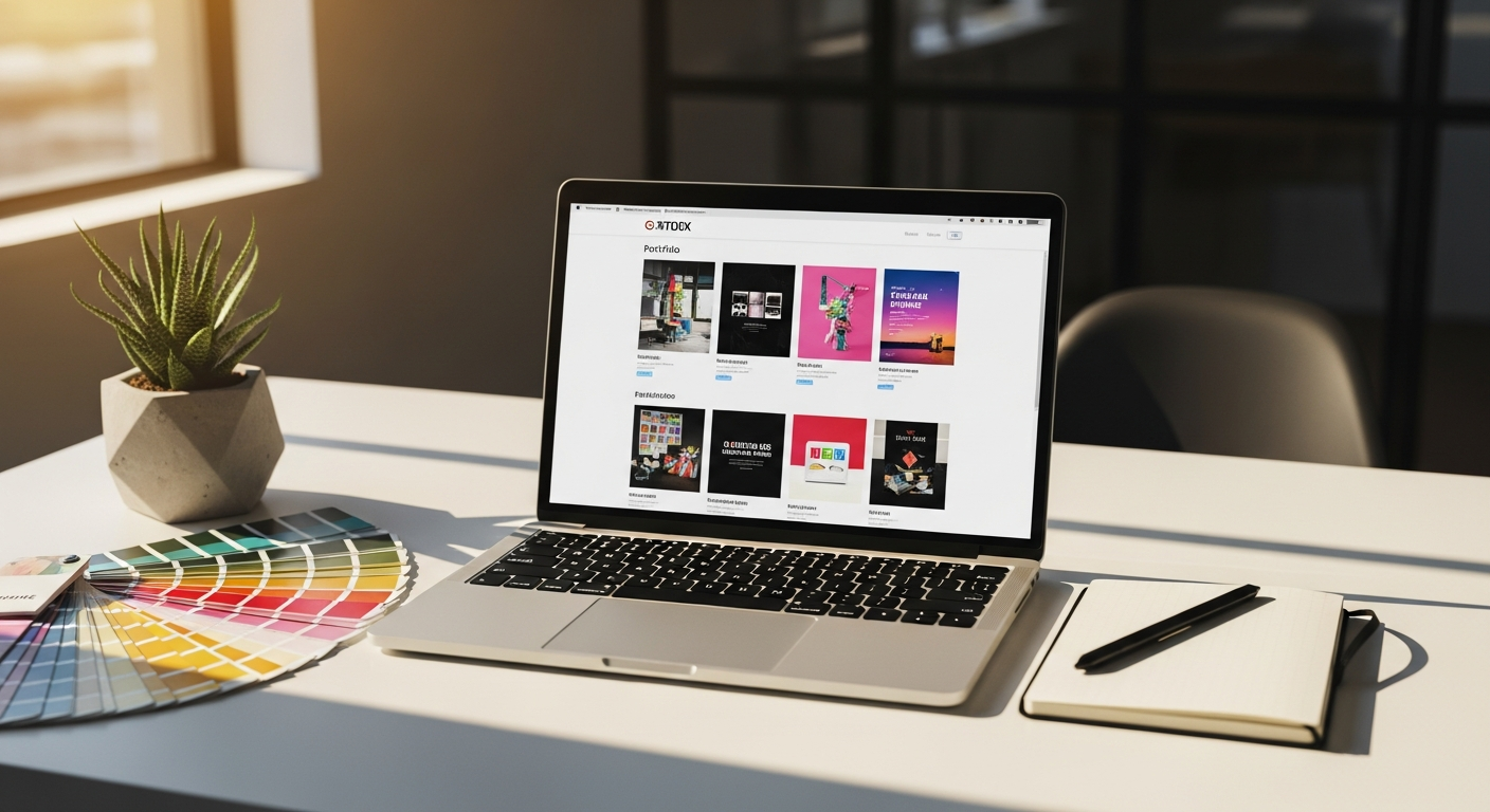 Professional designer working on creative portfolio website displayed on computer monitor