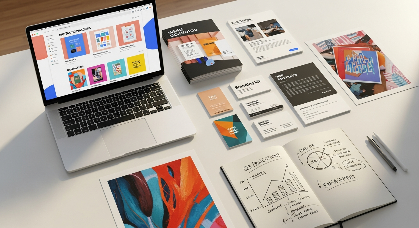 Digital downloads and craft products displayed on laptop screen with design tools