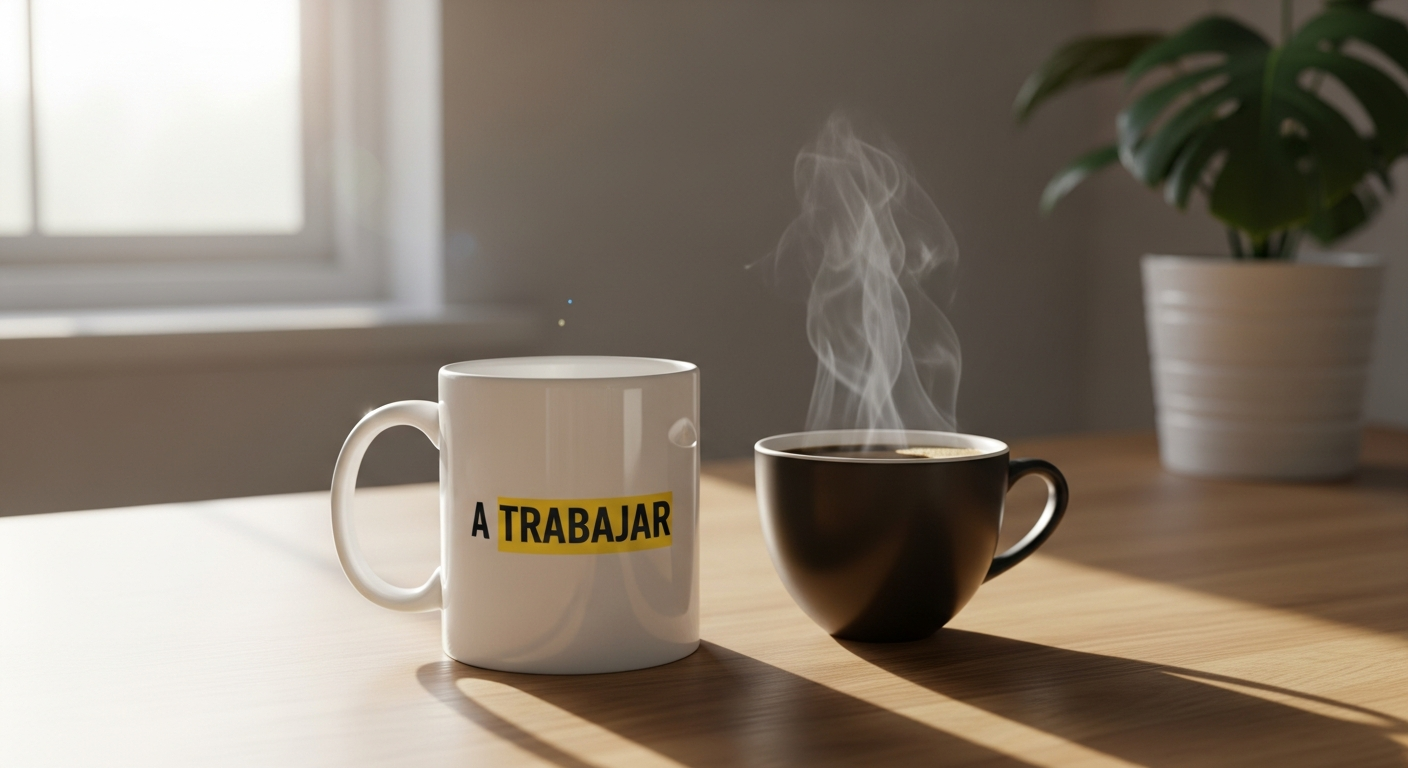 A Trabajar humorous ceramic mug with white text on black background