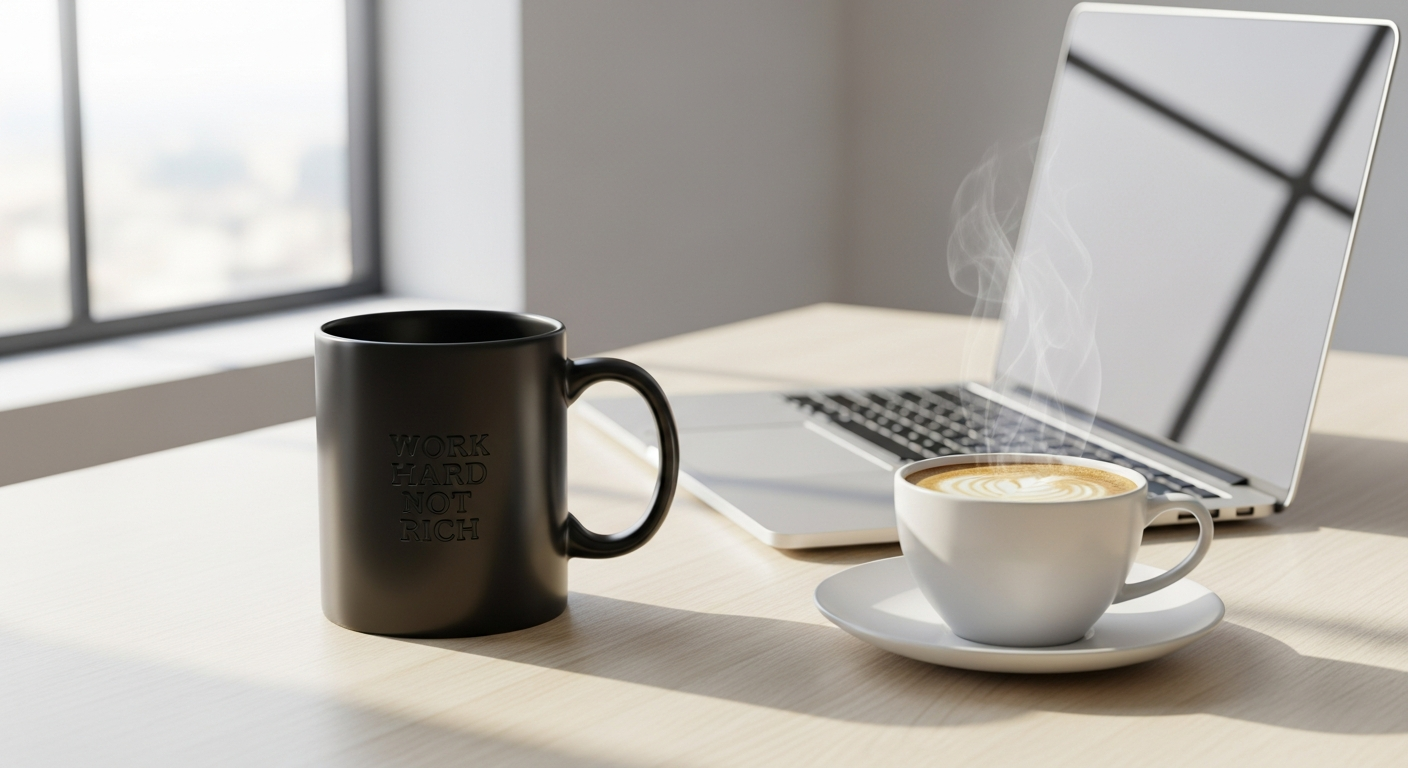 Black ceramic mug with white text reading Work Hard Not Rich
