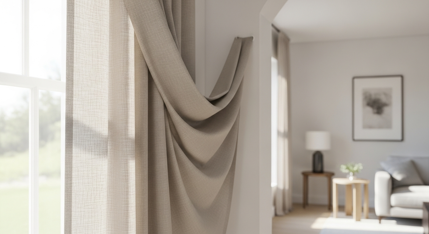 Elegant Curtarra Lesley Linen Blend custom curtains hanging in modern living room