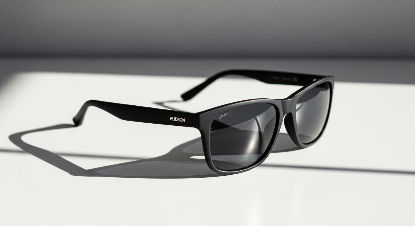 D.Franklin Hudson Black G15 sunglasses with polarized lenses on white background