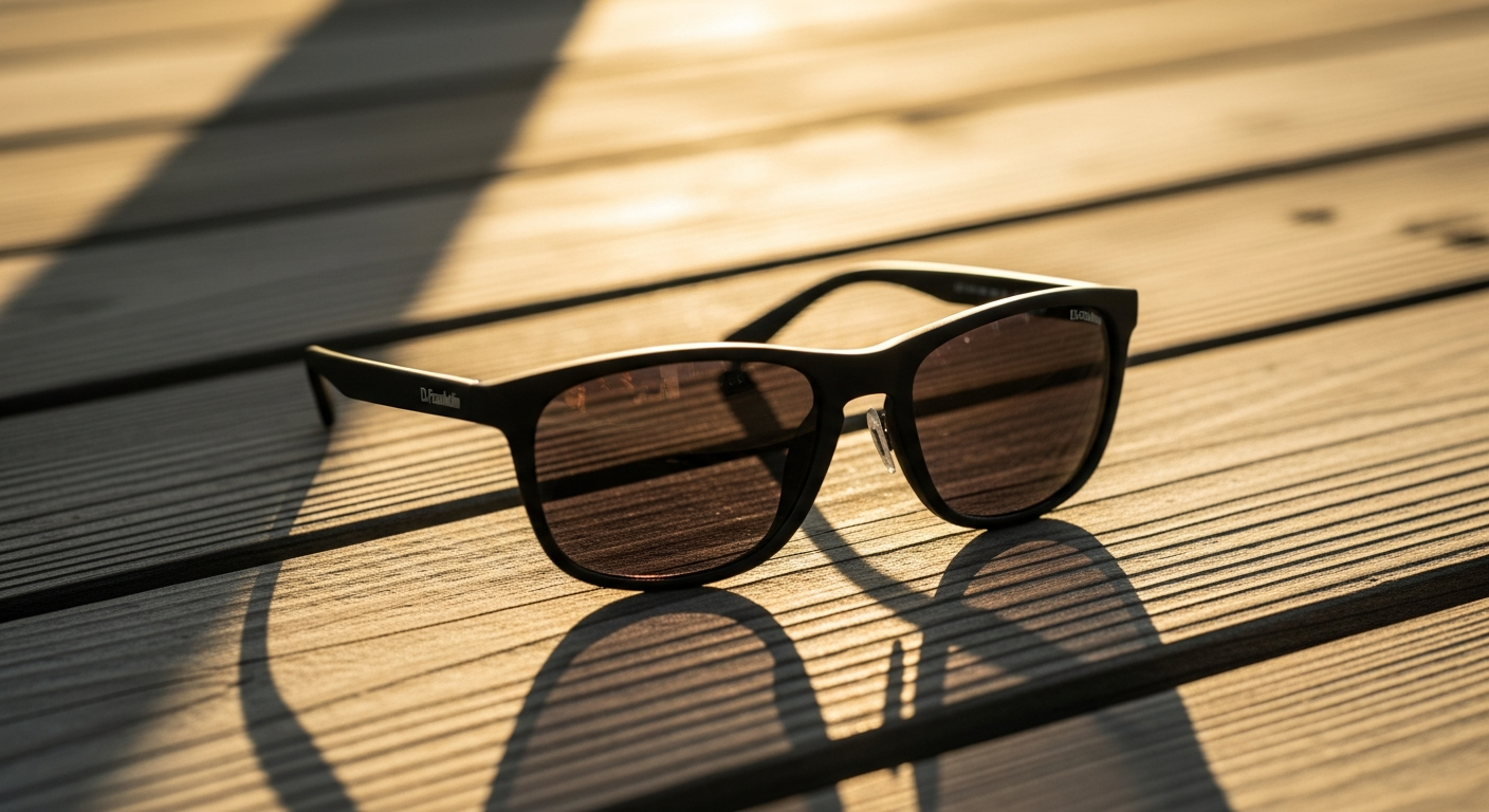 D.Franklin polarized sunglasses displayed on a sunny beach setting with ocean backdrop