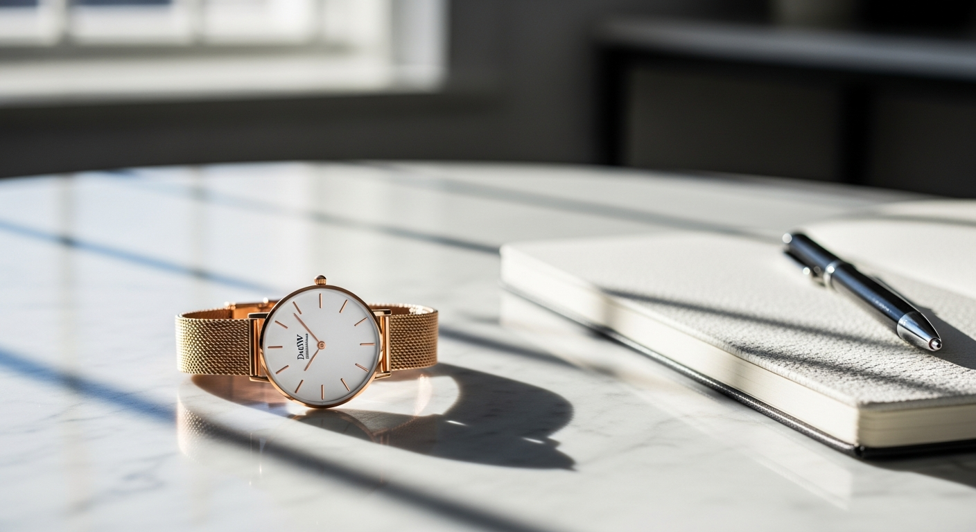 Daniel Wellington Petite Melrose rose gold mesh watch on wrist