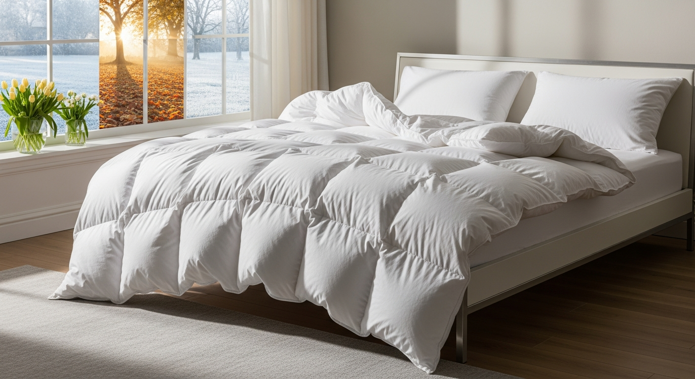Daunenstep 4 Seasons Goose Down Duvet System with snap buttons displayed