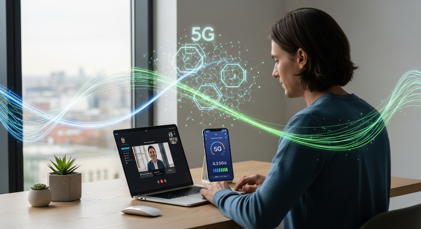 Delta Fiber Unlimited Fiber 5G router and 5G mobile device displaying fast connectivity speeds