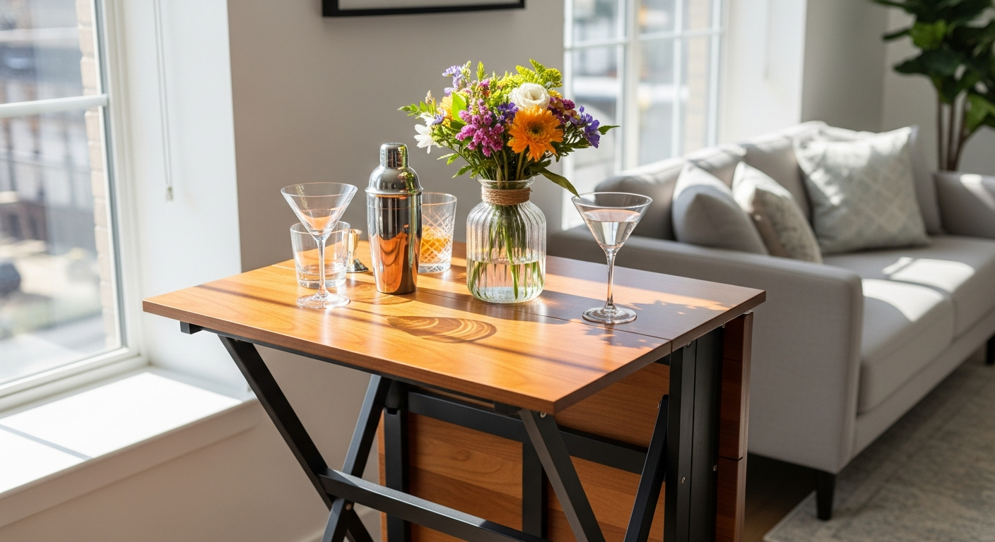 CASARIA Acacia Wood Folding Bar Table with 80cm diameter displayed in compact outdoor entertaining space