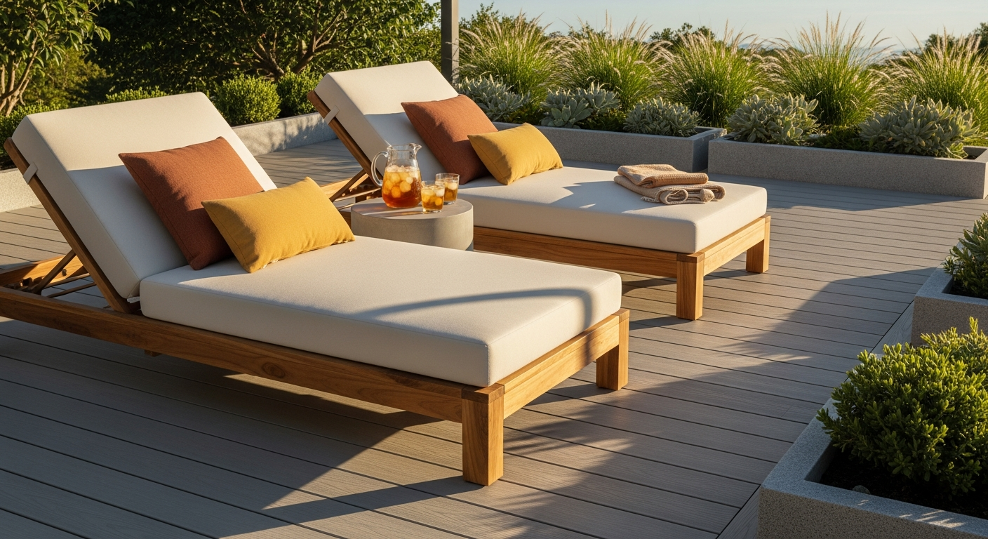 DeubaXXL Acacia Wood Sun Lounger Set displayed on a patio with two wooden loungers positioned for couples relaxation