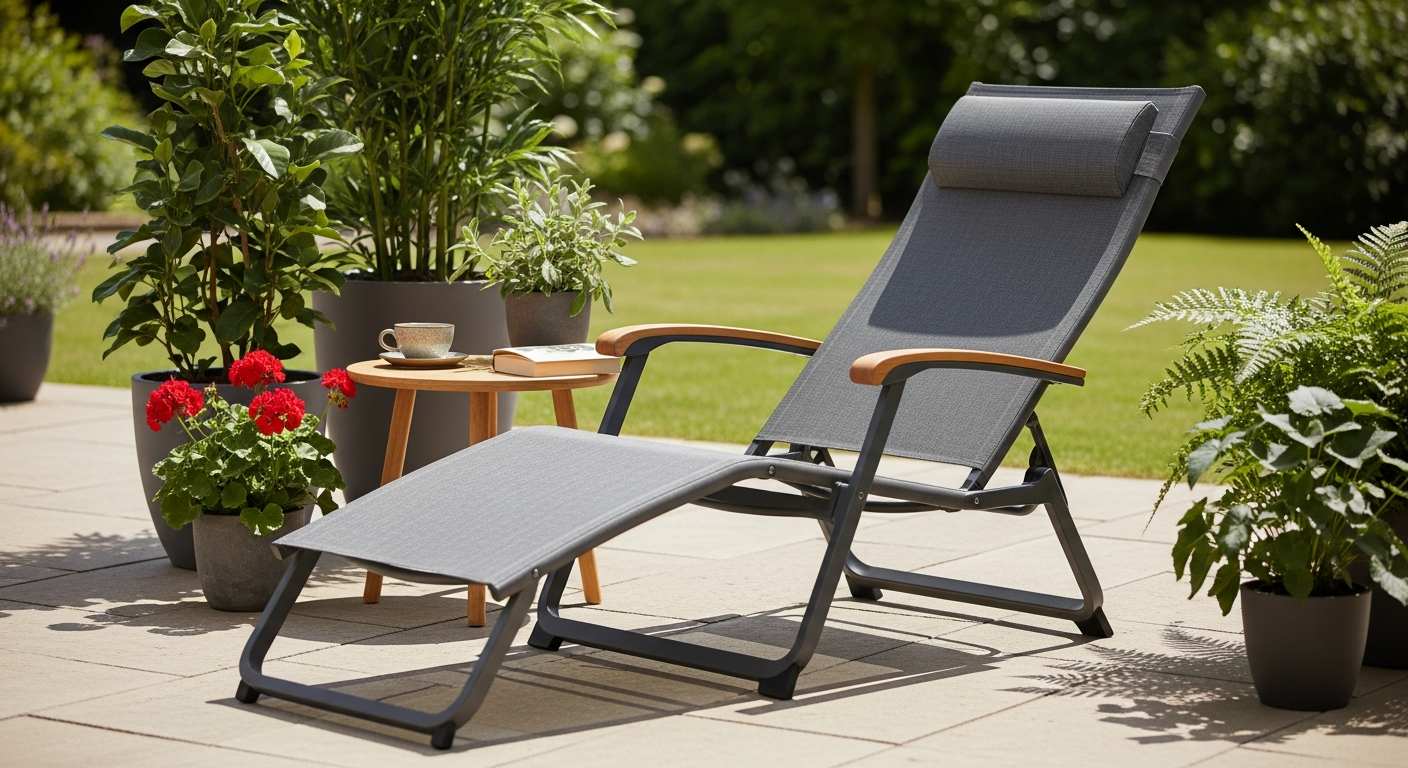 DeubaXXL Acacia Wood Foldable Garden Lounger Set displayed on a compact patio