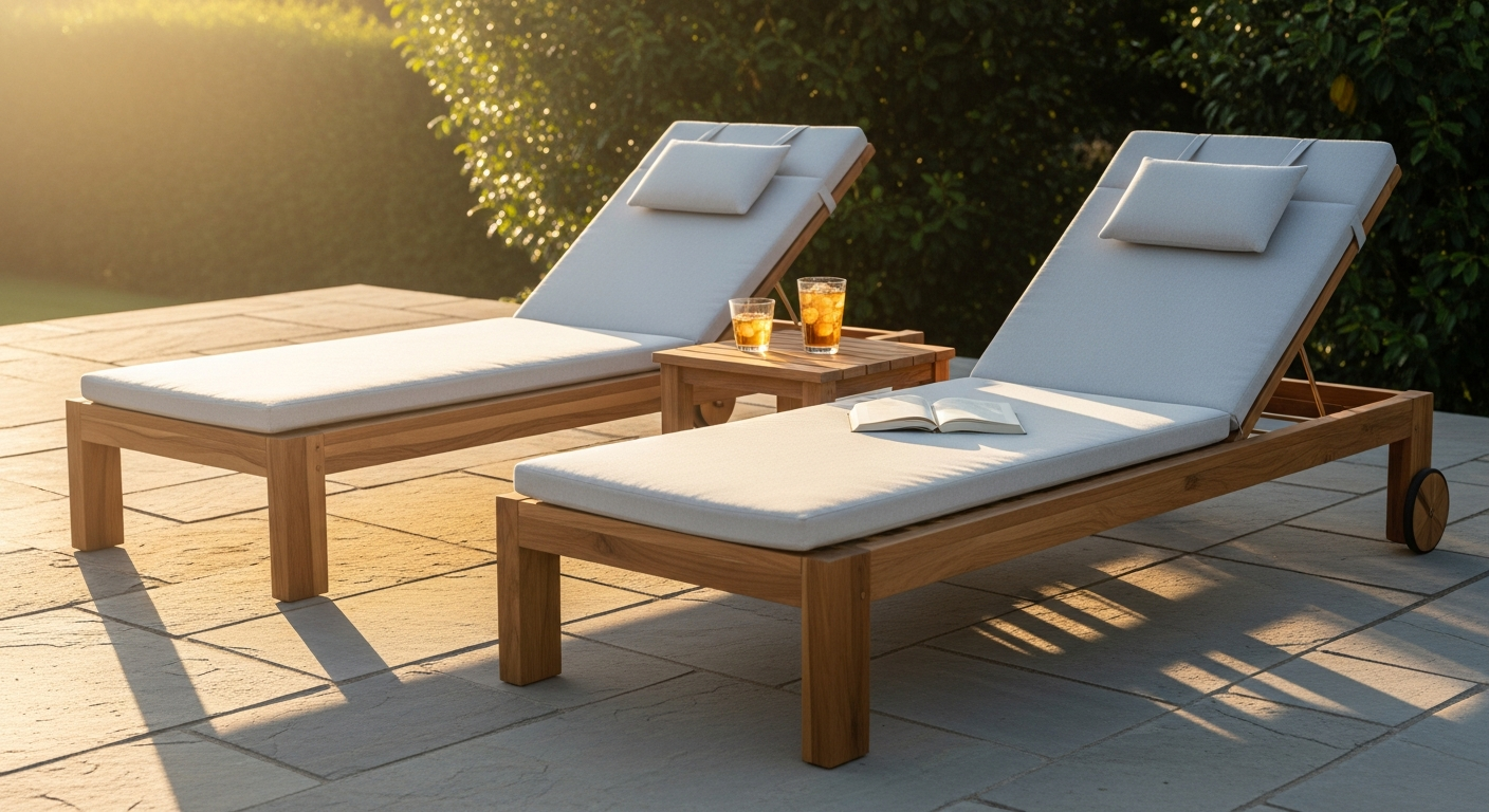 DeubaXXL CASARIA Java Acacia Wood Sun Lounger Set in natural garden setting