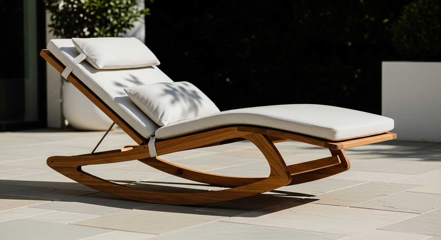 CASARIA JAVA Rocking Acacia Sunlounger in natural wood finish on a small terrace