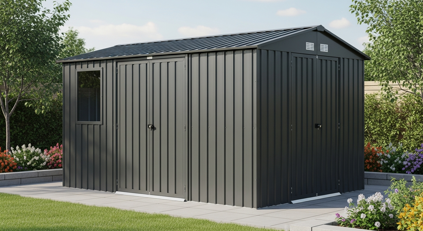 DeubaXXL Anthracite Metal Garden Shed 8x10ft exterior view showing dual sliding doors and roof vents
