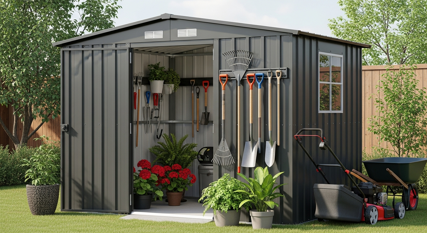 DeubaXXL Anthracite Metal Garden Shed 8x10ft exterior view showing dual sliding doors and roof vents