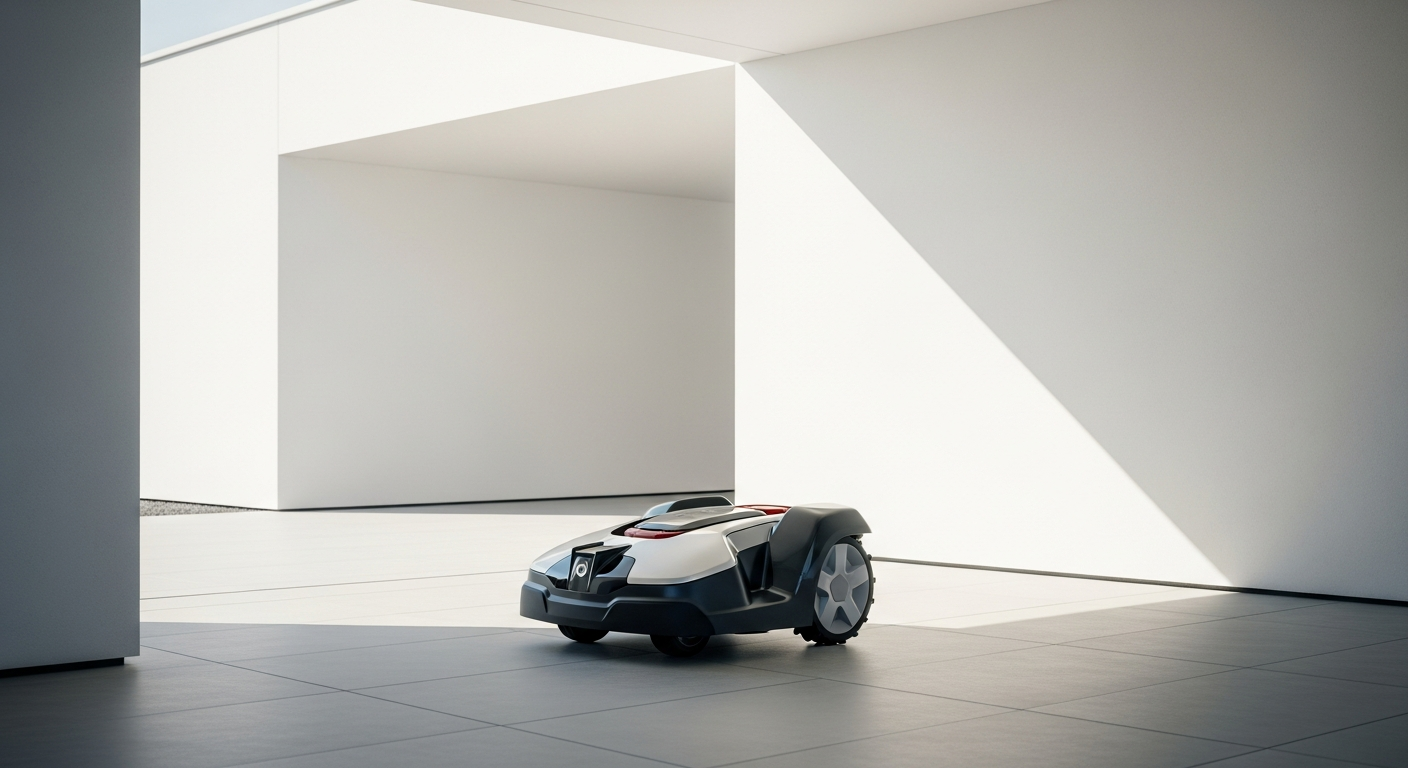 Anthracite metal robotic mower garage with folding roof and gas pressure springs