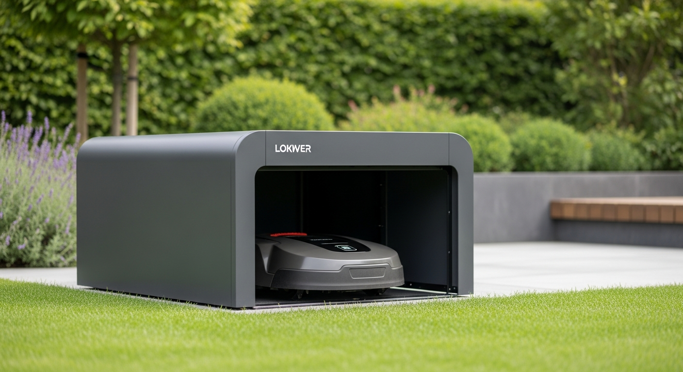 GARDEBRUK anthracite metal robot mower garage with monopitch roof design