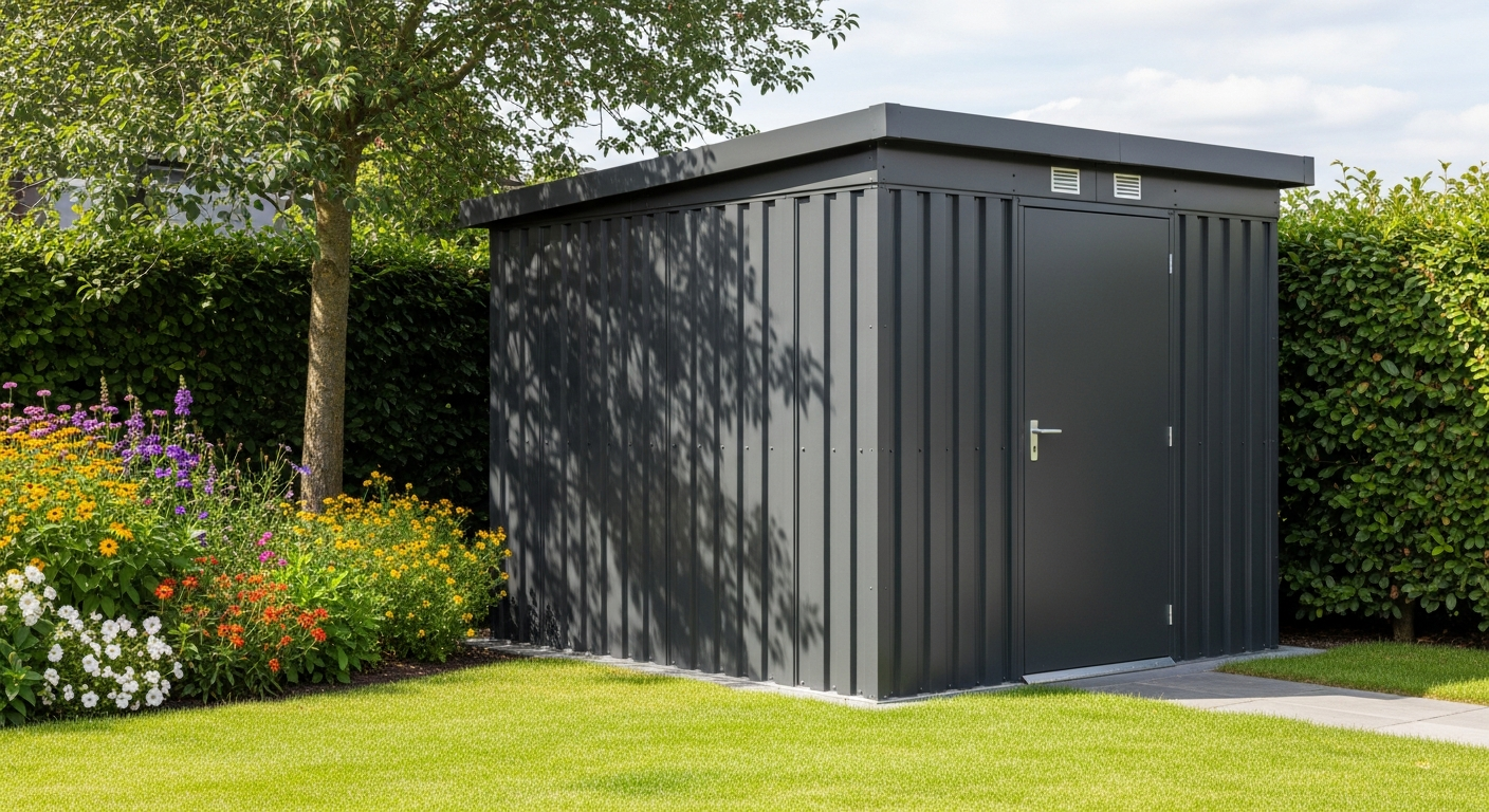 DeubaXXL Anthracite Metal Garden Shed with sliding doors and roof vents for outdoor storage