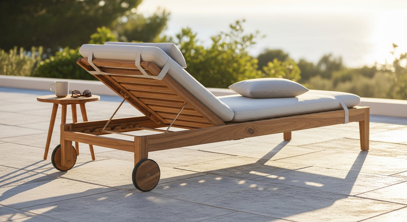 DeubaXXL Tami Sun Acacia Wood Sun Lounger with adjustable backrest and integrated side table on patio