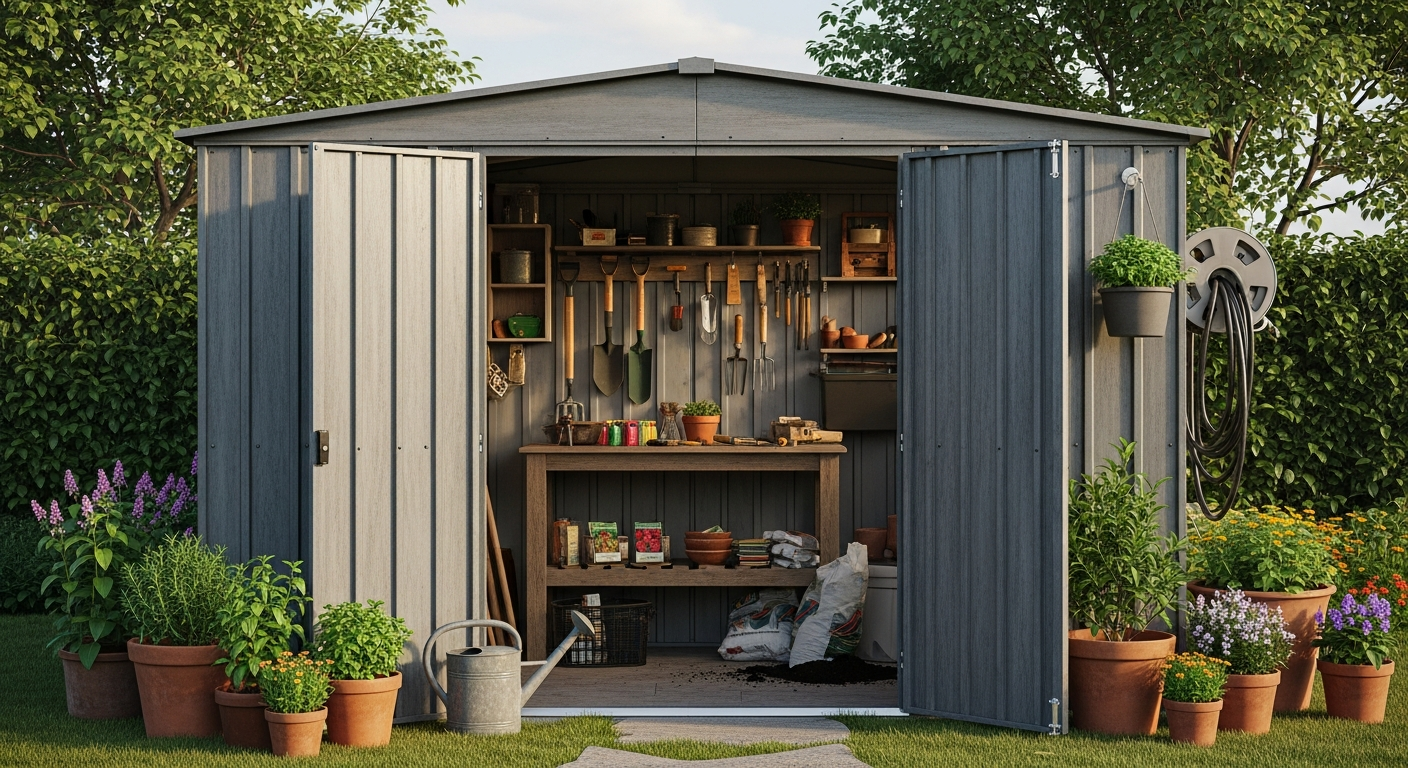 GARDEBRUK metal garden shed with galvanized steel construction and sloped roof design