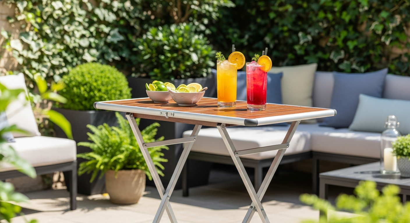 CASARIA Acacia Wood Folding Bar Table in outdoor garden setting