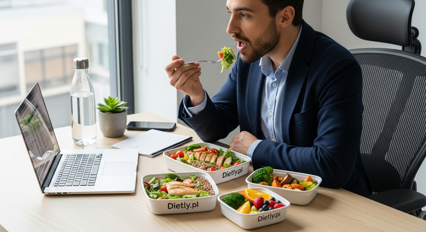 Busy professional eating healthy meal from Dietly.pl catering service